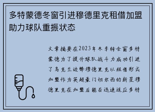 多特蒙德冬窗引进穆德里克租借加盟助力球队重振状态